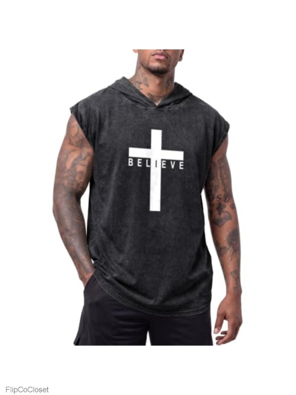 Men's Oversized Sleeveless Hoodie Christian Cross Believe Gym Tank Top